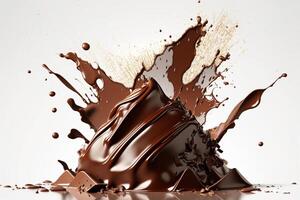 uma delicioso Derretendo chocolate respingo dentro uma realista estilo. quente chocolate, cacau ou café splash. saboroso chocolate líquido splash. chocolate molho coroa splash. para chocolate dia sobremesa de ai gerado foto