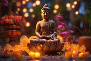 uma Buda senta dentro uma jardim com uma lótus e velas. fundo para vesak festival celebração. vesak dia conceito. vesak celebração dia saudações de ai gerado foto