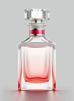 uma Alto classe garrafa do vidro perfume com luz vermelho líquido. aromático perfume garrafas em branco fundo. beleza produtos, Cosmético, perfume dia, fragrância dia ou perfume lançamento evento de ai gerado foto