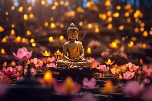 uma Buda senta dentro uma jardim com uma lótus e velas. fundo para vesak festival celebração. vesak dia conceito. vesak celebração dia saudações de ai gerado foto