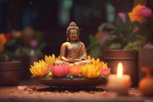 uma Buda senta dentro uma jardim com uma lótus e velas. fundo para vesak festival celebração. vesak dia conceito. vesak celebração dia saudações de ai gerado foto