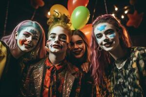 adolescentes amigos dentro fantasias a comemorar e tendo Diversão às dia das Bruxas Festa. jovem pessoas às fantasias festa dia das Bruxas celebração conceito de ai gerado foto