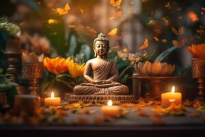 uma Buda senta dentro uma jardim com uma lótus e velas. fundo para vesak festival celebração. vesak dia conceito. vesak celebração dia saudações de ai gerado foto