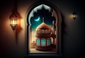 uma janelas retrata a islâmico mesquita às noite com lua e quaresma. dentro estilo do islâmico cidade. arqueado portas. eid al fitr fundo do janela. Ramadã islâmico lanterna em uma mesa de ai gerado foto