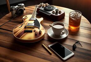 foto música objetos com guitarra, gadget e café em a mesa dentro clássico estilo. lindo elétrico guitarra em com fones de ouvido e Área de Trabalho musical criatividade conceito. mundo música dia de ai gerado