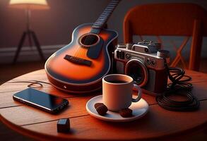 foto música objetos com guitarra, gadget e café em a mesa dentro clássico estilo. lindo elétrico guitarra em com fones de ouvido e Área de Trabalho musical criatividade conceito. mundo música dia de ai gerado