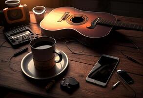 foto música objetos com guitarra, gadget e café em a mesa dentro clássico estilo. lindo elétrico guitarra em com fones de ouvido e Área de Trabalho musical criatividade conceito. mundo música dia de ai gerado