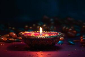 feliz diwali ou deepavali tradicional indiano festival com argila diya óleo lâmpada. indiano hindu festival do luz símbolo com vela e claro. argila diya luminária aceso durante diwali celebração de ai gerado foto