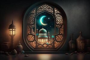 uma janelas retrata a islâmico mesquita às noite com lua e quaresma. dentro estilo do islâmico cidade. arqueado portas. eid al fitr fundo do janela. Ramadã islâmico lanterna em uma mesa de ai gerado foto