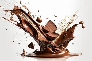 uma delicioso Derretendo chocolate respingo dentro uma realista estilo. quente chocolate, cacau ou café splash. saboroso chocolate líquido splash. chocolate molho coroa splash. para chocolate dia sobremesa de ai gerado foto