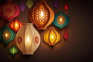 feliz diwali ou deepavali tradicional indiano festival com luminária ou céu lanterna. indiano hindu festival do luz com luminária ou claro. noite céu flutuando lanternas durante diwali celebração de ai gerado foto