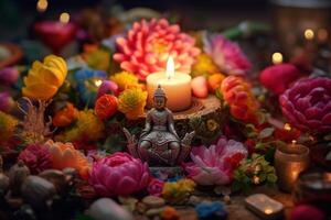 uma Buda senta dentro uma jardim com uma lótus e velas. fundo para vesak festival celebração. vesak dia conceito. vesak celebração dia saudações de ai gerado foto