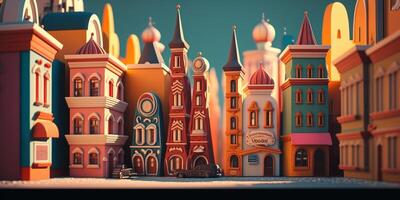 colorida estilo cartoon russo Cidade com acolhedor casas e em forma de cebola torres ai gerado foto