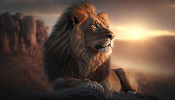 majestoso leão assistindo a pôr do sol a partir de uma morro dentro a deserto ai gerado foto