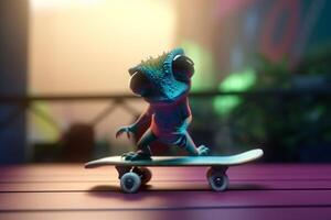 patinação através a cidade uma legal fotorrealista desenho animado camaleão em uma skate ai gerado foto