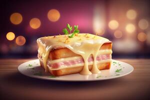 crocante bondade saciar dentro a clássico francês croque monsieur sanduíche ai gerado foto