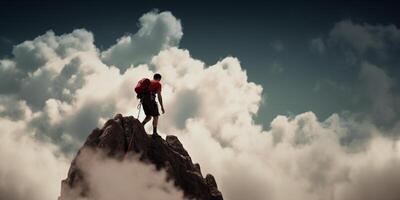 escala a majestoso alturas uma alpinista aventura no meio imponente nuvens e montanhas ai gerado foto