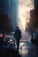 cidade passear com canino companheiro uma mulher e dela cachorro no meio arranha-céus durante pôr do sol ai gerado foto