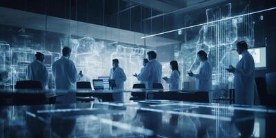 médico equipe com cirúrgico máscaras trabalhando dentro uma alta tecnologia laboratório ai gerado foto