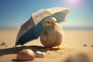 ensolarado de praia dia para a descontraído galinha relaxante debaixo a guarda-chuva ai gerado foto