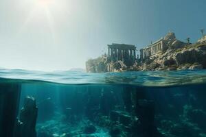 a místico afundado cidade uma meio submerso Visão do Atlantis dentro cristal azul águas ai gerado foto