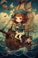 a pequeno marinheiro menina em uma mágico viagem dentro uma colorida quadrinho estilo digital pintura ai gerado foto