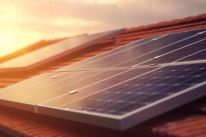 brilhando solar poder solar painel em casa cobertura com Sol reflexão ai gerado foto