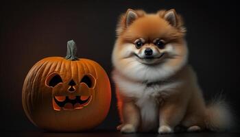 adorável pomerânia cachorro posando com uma dia das Bruxas abóbora ai gerado foto