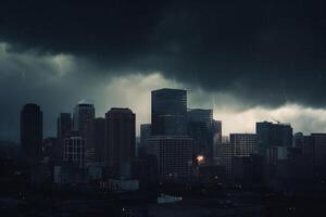 financeiro tempestade cidade Horizonte durante banco corre com trovão e relâmpago ai gerado foto