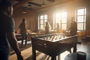 Diversão e jogos lazer área dentro uma Hostel com pebolim e brilhante espaços ai gerado foto