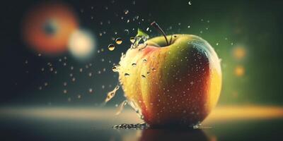 a maçã queda para dentro água - digital ilustração apresentando uma solteiro fruta ai gerado foto