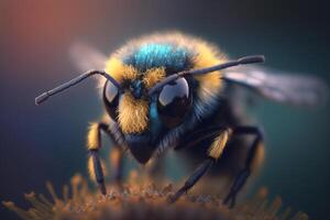 ampliado fechar-se do uma abelhas cabeça com amarelo pólen poeira ai gerado foto