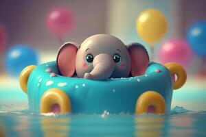 adorável pequeno elefante relaxante dentro uma piscina em uma ensolarado dia ai gerado foto