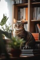 sofisticado felino uma gato dentro uma moderno apartamento cercado de livros ai gerado foto