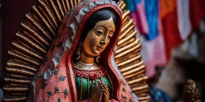 devoção para a virgem do guadalupe sagrado de madeira figura para a mexicano feriado ai gerado foto