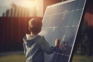 pequeno criança em pé de solar painel com verde bokeh fundo e Sol raios ai gerado foto