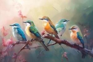 minúsculo pássaros em uma ramo com Rosa flores, uma aguarela pintura ai gerado foto