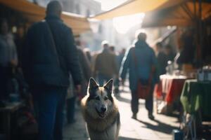 solitário cachorro em uma ocupado mercado procurando para Está proprietário ai gerado foto