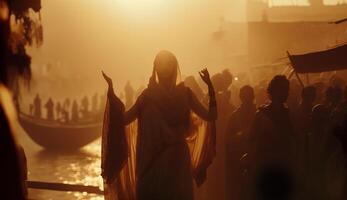 indiano peregrinos tomando banho dentro a ganges às crepúsculo ai gerado foto