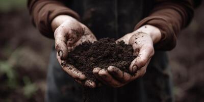 colheita a terra dois mãos segurando uma pilha do solo ai gerado foto