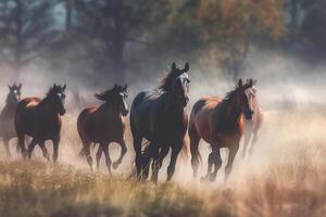 pastar cavalos em uma sépia Prado a aquarelle pintura ai gerado foto