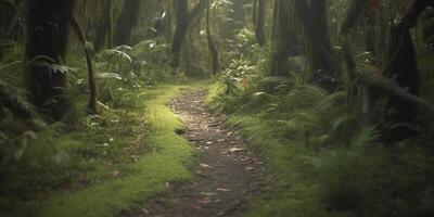 vagando através a exuberante floresta tropical uma caminho Menos viajei ai gerado foto