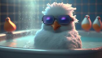 uma frango com óculos relaxante dentro uma quente banheira ai gerado foto