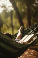 relaxante dentro a maca pessoa lendo uma livro ai gerado foto