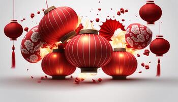 vibrante vermelho chinês lanternas isolado em branco fundo ai gerado foto