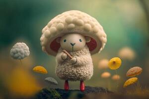 engraçado e adorável de lã ovelha vestido Como uma cogumelo dentro a encantador conto de fadas floresta ai gerado foto
