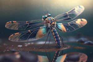 hiper-realista ilustração do uma inspirado em libélula inseto, ampliado fechar-se ai gerado foto