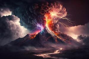 ilustração montanha com vulcânico erupção nuvens tempestade relâmpago ai gerado foto