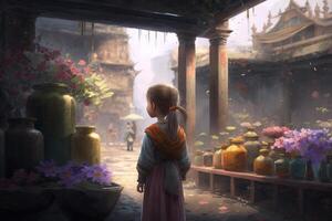 pequeno menina às uma rústico flor ficar de pé com colorida flores uma místico, mágico, encantador cena ai gerado foto