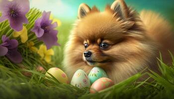 pomerânia cão encontra festivo Páscoa ovos dentro a florido campo ai gerado foto